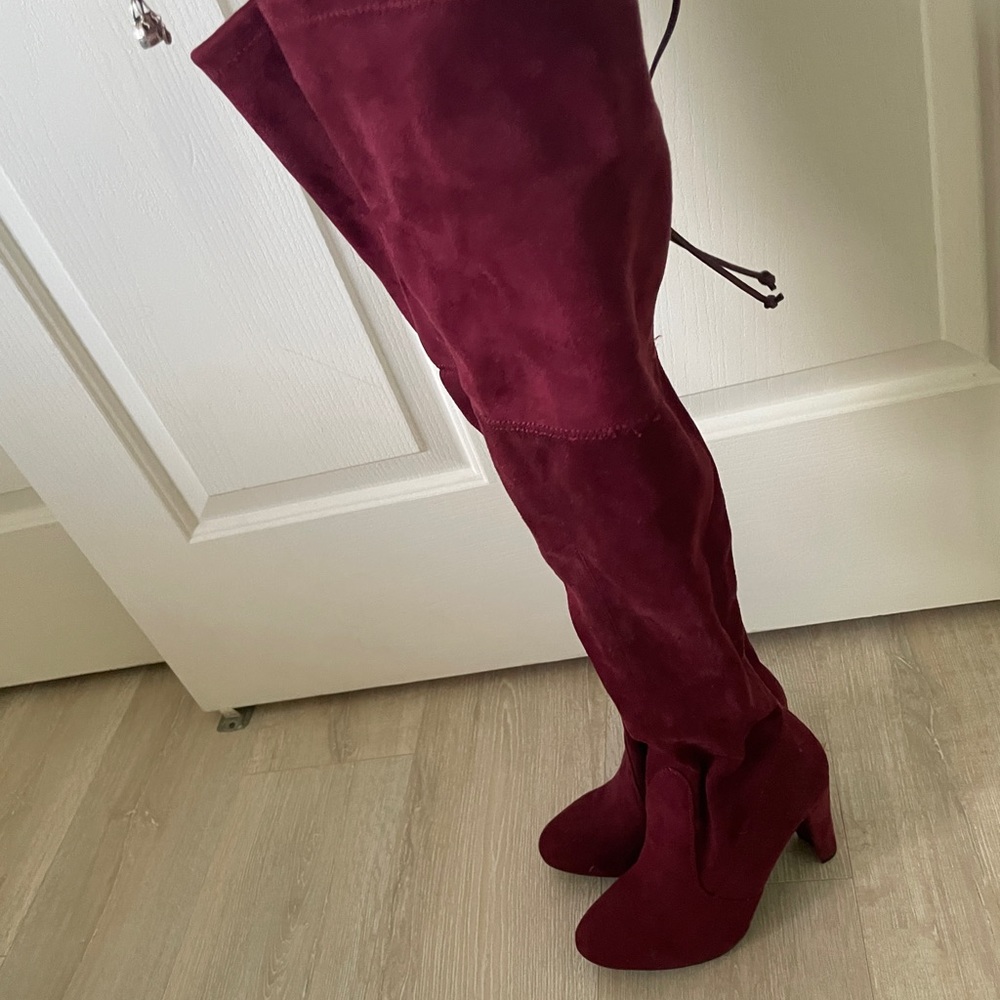 Burgundy over the knee high, high heel boots never worn